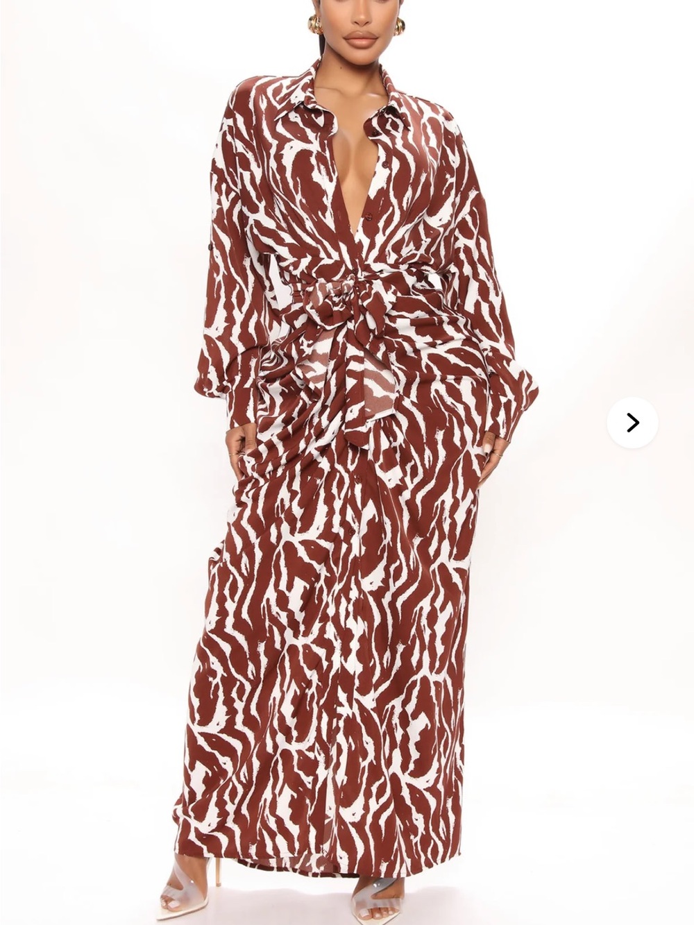 Fashion Nova Brown and White Printed Maxi Shirt Dress